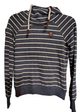 Naketano Women's Medium Blue White Striped Hoodie Sweatshirt, Nautical Rope